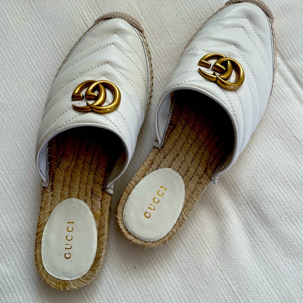 Gucci Pilar White Marmont Ladies Calfskin Matelasse Gg Espadrille Sandals